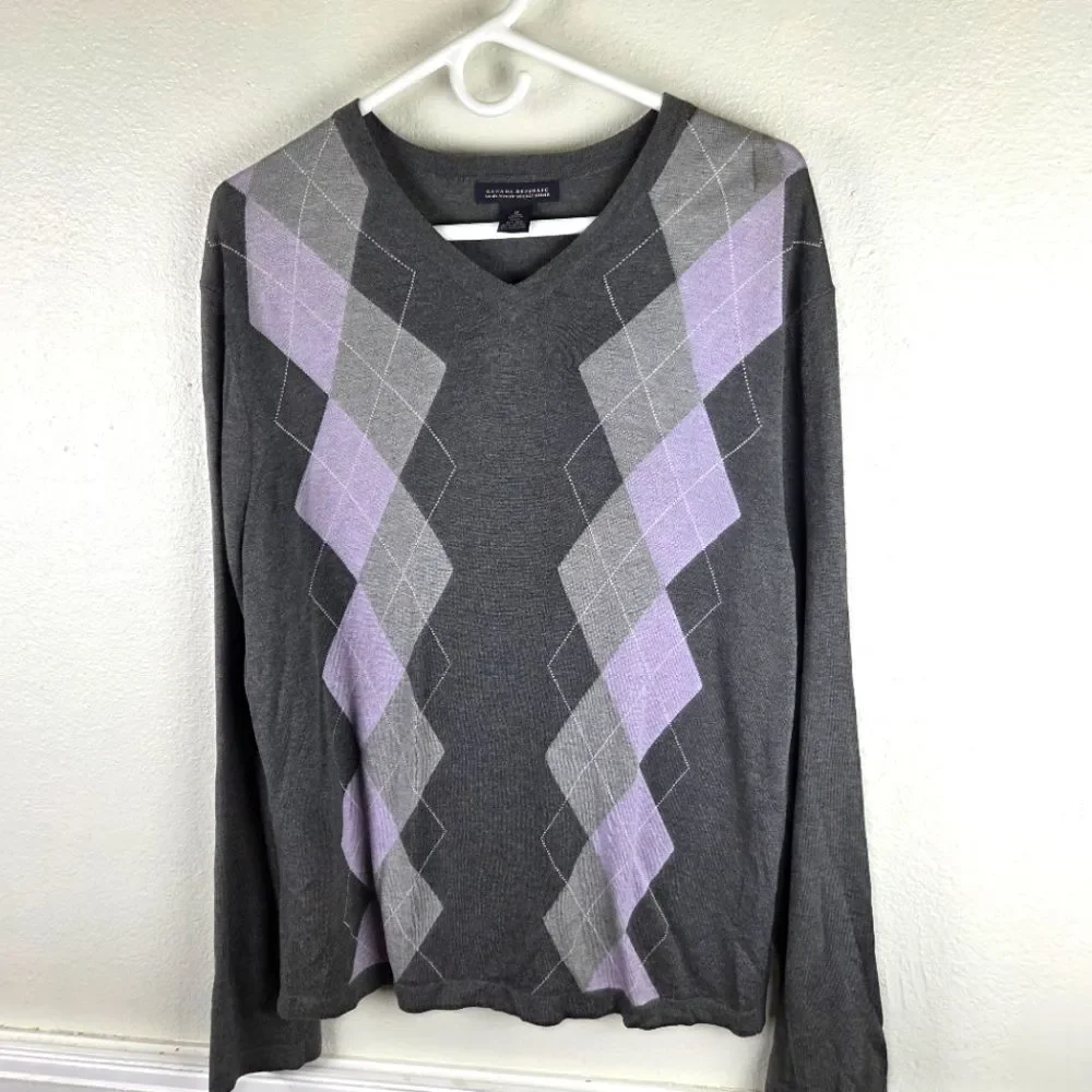 Men's Banana Republic Gray and Purple Argyle Silk Cashmere Blend Sweater SZ Med